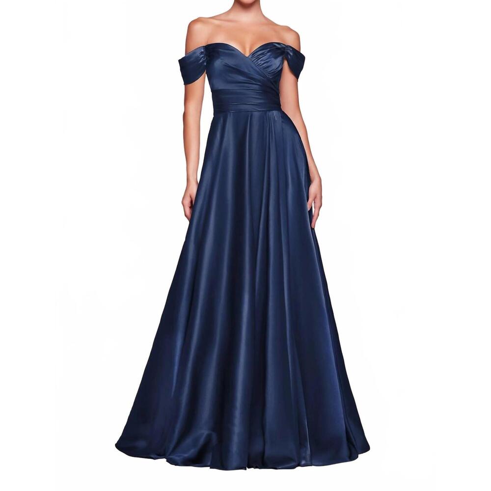 NEW CINDERELLA DIVINE long off shoulder a-line satin gown dress in navy